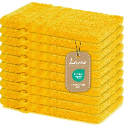 Produktbild von Lavea® 10er Set Waschhandschuh 15x21 cm – Saugstark Weich aus 100% Baumwolle, Frottierserie Elena – Waschbar und Strapazierfähig – Rapsgelb