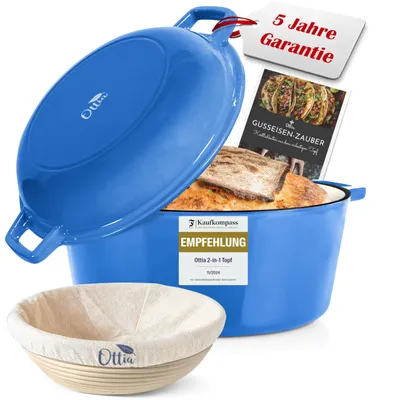 Produktbild von Ottia Gusseisen Topf [inkl. Gärkorb] - Hochwertiger Emaille Topf 26cm - Idealer gusseiserner Brottopf zum Backen, Gusseisentopf Brotbacken, Bräter
