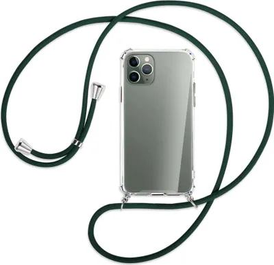 Produktbild von Handykette Backcover-Schutzhülle mit Band (Metall silberfarben) für Apple iPhone 11 Pro - dunkelgrün