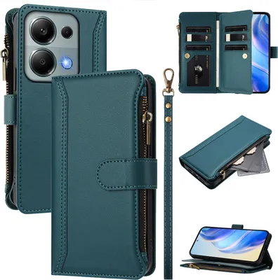 Produktbild von Handyhülle für Xiaomi Redmi Note 13 Pro 4G/Poco M6 Pro 4G Reißverschluss Geldbörse Kunstleder Klapphülle mit Kartensteckplatz, Ständer, Handschlaufe Grün