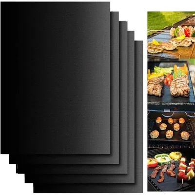 Obrázek produktu pro Teflonová podložka na grilování – nepřilnavá podložka – opakovaně použitelná podložka na pečení – odolná vůči vysokým teplotám až do 260 °C – na maso, ryby a zeleninu – černá – 40 x 33 cm – 5 kusů