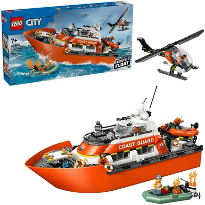 Produktbild von LEGO City Rettungsboot der Küstenwache mit Hubschrauber - Spielzeug Einsatzfahrzeug - Set mit schwimmendem Schiff, 5 Minifiguren und Hundefigur - Geburtstagsgeschenk für Jungen ab 7 Jahren - 60504