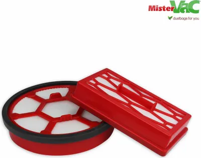 Two vacuum cleaner filters, one round and one rectangular, are shown on a white background. A logo is visible in the top right corner.