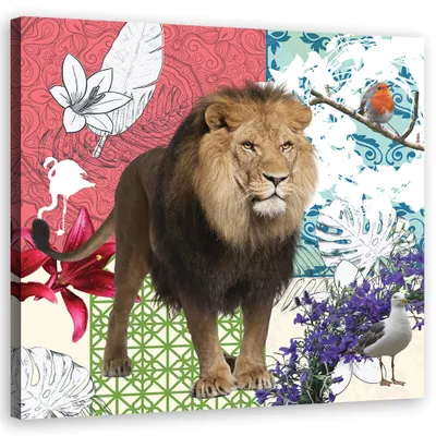 Produktbild von Leinwandbild Löwe und Vögel Collage 40x40 Feeby Bunt bild für die wand bereit zum aufhängen