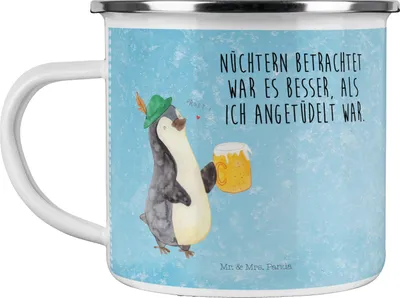 Produktbild von Mr. & Mrs. Panda Teetasse Pinguin Bier - Eisblau - Geschenk, , Angetüdelt, Teebecher, Kaffeepott, Pinguine, Beschwippst, Emaille Becher, Tasse, Pott