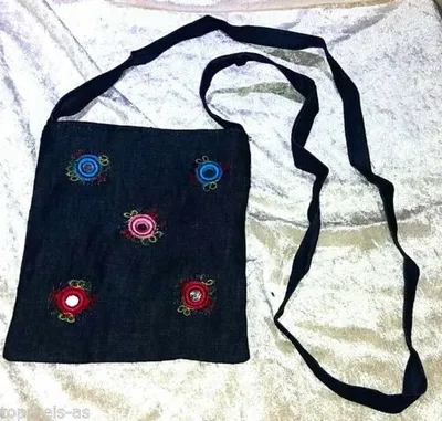 Produktbild von UMHÄNGETASCHE Jeans Retro Hippie Handtasche Tasche Jeanstasche Stickerei Spiegel Damentasche