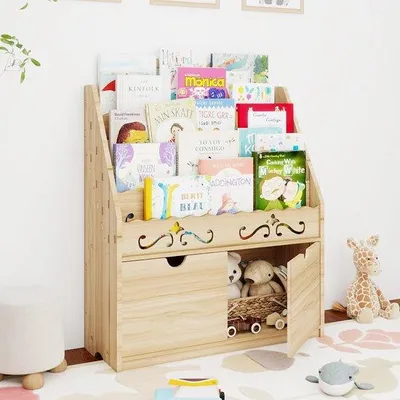Produktbild von Holz-Spielzeugregal mit 5 offenen Schubladen für kinderfreundliche Spielzeugaufbewahrung.
