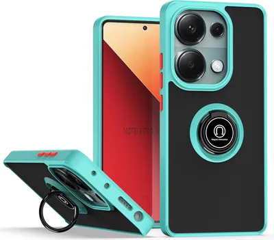 A phone case with a ring holder is displayed from multiple angles against a white background.