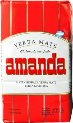 A close-up of a red and white package of Yerba Mate tea.