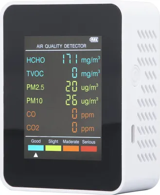 Obrázek produktu pro Monitor kvality ovzduší Přenosný detektor CO2 TVOC HCHO PM2,5 PM10 s alarmem Bílý LCD displej s podsvícením