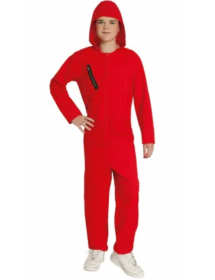 A young person wearing a red hooded jumpsuit.