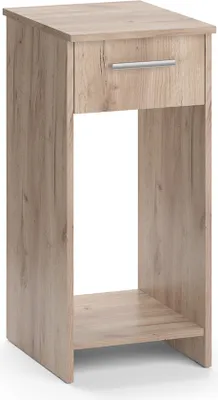 A standalone image of a light brown wooden nightstand with a single drawer and an open shelf.