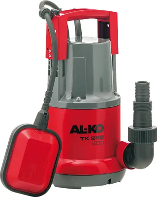 A red and gray submersible pump with a float switch and a hose adapter, isolated on a white background.