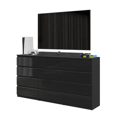Immagine prodotto di Grande TV-Lowboard / Cassettiera GABRIEL con 12 cassetti – 180 cm – Antracite / Nero lucido – Set moderno per il soggiorno