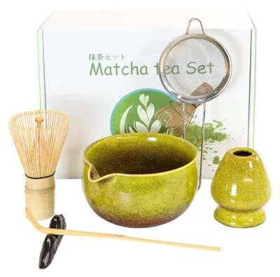 Immagine prodotto di Set per matcha in Vetroceramica: ciotola, frustino in bambù, cucchiaino, portacucchiaino, 7 pezzi, giallo-verde