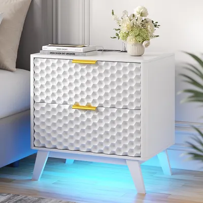 Produktbild von LVSOMT Weißer moderner Nachttisch mit LED-Licht und Ladefunktion, zwei geräumige Schubladen, praktischer Beistelltisch fürs Schlafzimmer