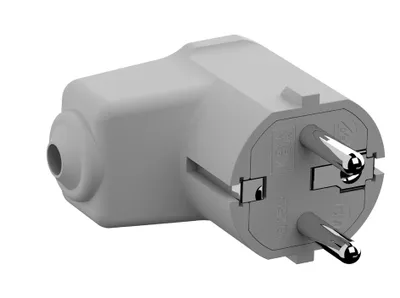 A 3D rendering of a gray electrical adapter.