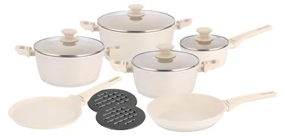 A set of cookware and kitchen utensils arranged on a white background.