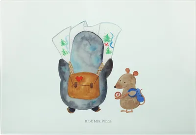 Produktbild von Mr. & Mrs. Panda XL Glas Schneidbrett Pinguin & Maus Wanderer - Weiß - Geschenk, Servierplatte, Roadtrip, Abenteuer, Wandern, jausenbrett, Schneidebrett, Frühstücksbrett