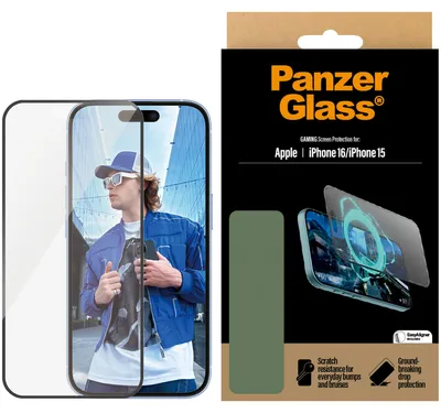 Zdjęcie produktu dla PanzerGlass ® Gaming Screen Protector iPhone 16 | 15 | Ultra-Wide Fit, Apple, Apple - iPhone 16, Apple - iPhone 15, Aplikacja na sucho, Odporny na zadrapania, Odporny na wstrząsy, Przezroczysty, 1 szt.