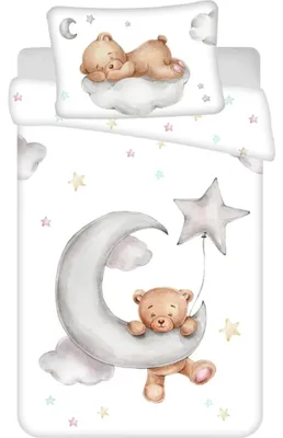 Imagen del producto de Juego de sábanas para bebé con motivo de osito de peluche en una nube, 100x135 cm, 100% algodón