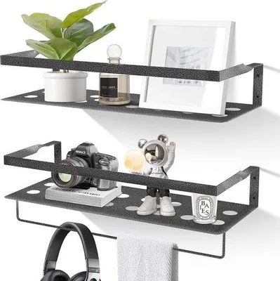 Productafbeelding van Trillingsbestendige metalen wandplaat - Set van 2 - Handdoekhouder - Geschikt voor slaapkamer, badkamer, woonkamer, keuken - Ideaal voor thuis, kantoor en wasruimtes