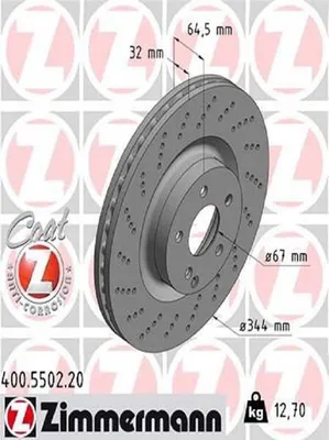 Produktbild von 2x ZIMMERMANN Bremsscheibe 400.5502.20 64mm 12 7kg 344mm