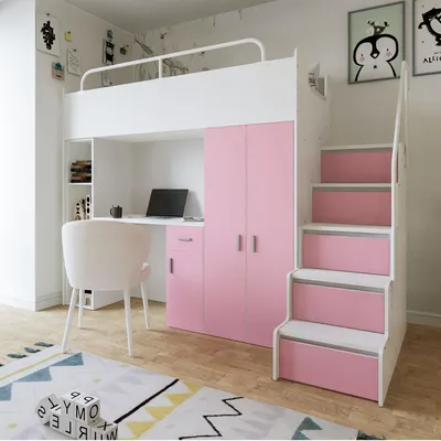 Produktbild von Marlux-Meble Hochbett Kinderbett JSM-4 90x200 mit Kleiderschrank Schreibtisch und Treppe Matt Kinderbetten Funktionsbett Etagenbett Stockbett Kinderhochbett Jugendhochbett (Rosa Matt)
