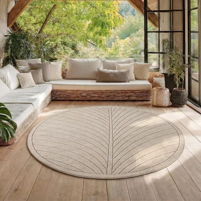 Produktbild von Homebyhome Outdoor Teppich, Modern Boho Design, 3D Effekt, Robust und UV-Beständig, ideal für Terrasse Wohnzimmer & Küche, Grösse: 80 cm Rund