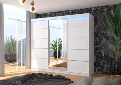 Obrázek produktu pro Velká skříň se zrcadlem 250 cm a LED osvětlením DAMRIS - bílá