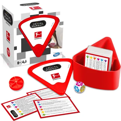 A Trivial Pursuit Bundesliga Edition board game set is displayed on a white background, including the game box, game pieces, cards, and a dice.