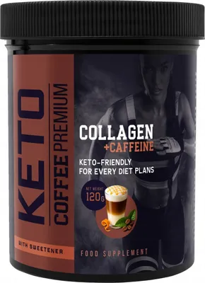A product shot of a jar of Keto Coffee Premium with a background image of a person exercising.