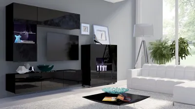 Obrázek produktu pro Obývací stěna s LED modrým osvětlením CHEMUNG 3 - černá / lesklá černá