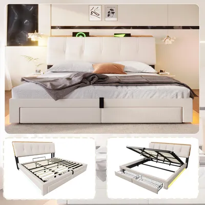 Produktbild von Polsterbett , 180x200 cm, Hydraulische Lagerung, Mit USB Typ-C Ladefunktion,Ohne Matratze,Multifunktionale Aufbewahrung, LED-Beleuchtung, Drucktaste/Appdienung, Leinen, Beige