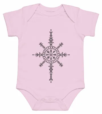 Imagen del producto de Body para bebé, color rosa, con diseño de Vegvisir vikingo, brújula, runas, mitología nórdica y Aegishjalmur. Talla 12/18 meses
