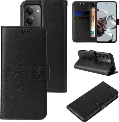 Produktbild von Handyhülle für Xiaomi Redmi 15 / 15 5G Floral Blumen Schmetterling Flip Cover Hülle Case Klapphülle Handytasche Farbe: Schwarz