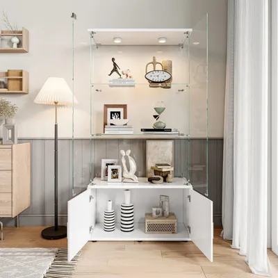 Image de Vitrine en verre avec éclairage LED – 4 portes et 3 étagères – Vitrine moderne pour collections