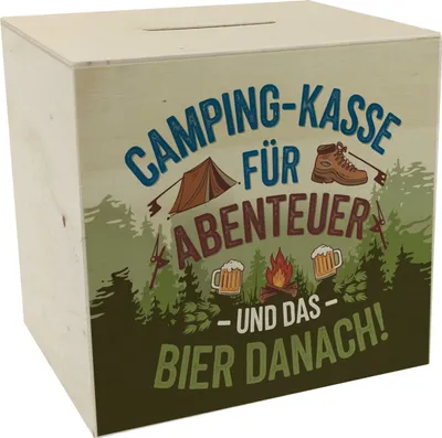 Produktbild von Camping Spardose aus Holz für Abenteuer und Bier