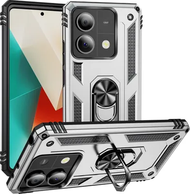 Produktbild von Schutzhülle für Xiaomi Redmi Note 13 5G Dual Layer Robust Militäre Fallschutz Hülle mit Ringhalterung Ständer Silber
