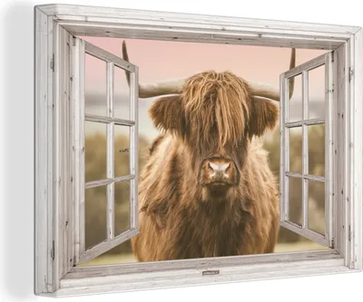 Produktbild von OneMillionCanvasses® - Leinwandbilder - 140x90 cm, Schottisches Hochlandrind - Ansicht - Pastell, - Geöffnetes Fenster - Fensterblick Hochland Rind - Tier Wanddekoration - Hochland Rind - Kuh - Gemälde auf Holzrahmen
