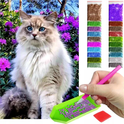 Produktbild von ARTULIO - Diamond Painting Set - Flauschige Katze zwischen violetten Blüten - 60 x 40 cm - Groß XXL - 5D Crystal Art, Bilder DIY
