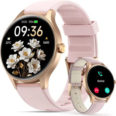 Produktbild von Woneligo Smartwatch Damen Herren rund mit 2 Armbändern, 1.27" HD Touchscreen, Bluetooth Anrufe, KI-Sprachassistent, 120 Sportmodi, IP68, 10 Tage Akku