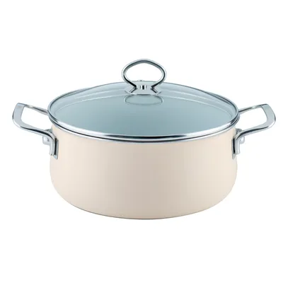 A cream-colored casserole pot with a glass lid and silver handles, presented on a white background.