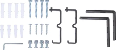 A collection of hardware components, including screws, wall anchors, and brackets, laid out on a white background.