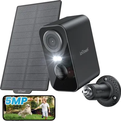 A black security camera with a solar panel and a smartphone displaying a video feed.