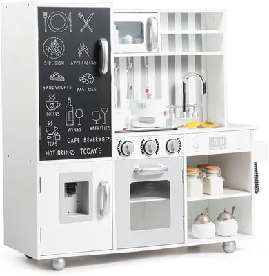 Imagen del producto de Cocina de juguete con luces y sonido, cocina de madera para niños, cocina de juguete con pizarra, fregadero, hornilla, horno, microondas y máquina de helados. Cocina de madera con 7 accesorios de juego, ideal para niños a partir de 3 años. Color blanco