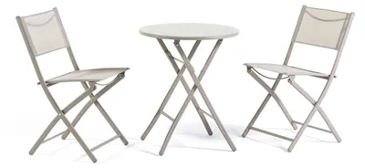 Produktbild von Platzsparendes klappbares Outdoor-Essset mit rundem Tisch Ø60 und 2 Stühlen aus Metall und Textilene für Balkon, Terrasse und Veranda, Nemo + Lilia - Sand