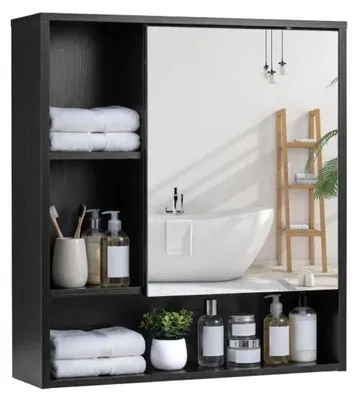 Image de Elzusha - Armoire miroir pour salle de bain, une porte, 3 étagères ouvertes