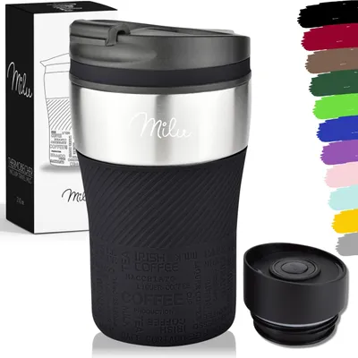 Produktbild von Milu Thermobecher Kaffee - 210ml - 100% Auslaufsicher – Isolierbecher, Kaffeebecher, Trinkbecher Edelstahl - Autobecher doppelwand Isolierung, Schwarz