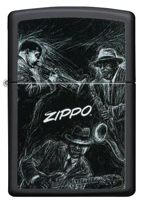 Produktbild von ZIPPO - Jazz Band Design - Black Matte Schwarz Blues Musik Instrumente Trompete Saxophon Gitarre Sturmfeuerzeug nachfüllbar Benzin 60006218